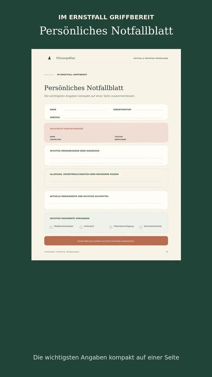 Vorschau des persönlichen Notfallblatts von FürsorgeKlar